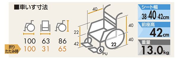 【日進医療器】 自走式車椅子 FOtype NA-426FO のサイズ表