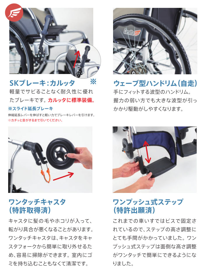 自走式 超軽量 コンパクト車椅子 CRT-SG-1の装備特徴