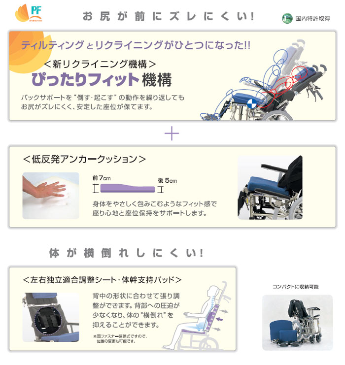 【カワムラサイクル】リクライニング車椅子 ぴったりフィット KPF16-40(42)ABF の機能