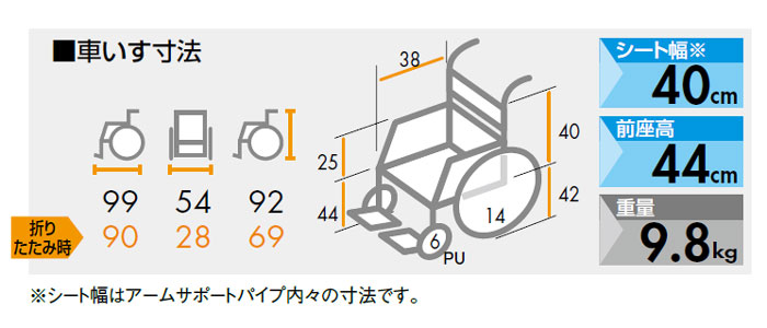 介助式車椅子　カルアルファシリーズ　NAH-L7αWのサイズ表