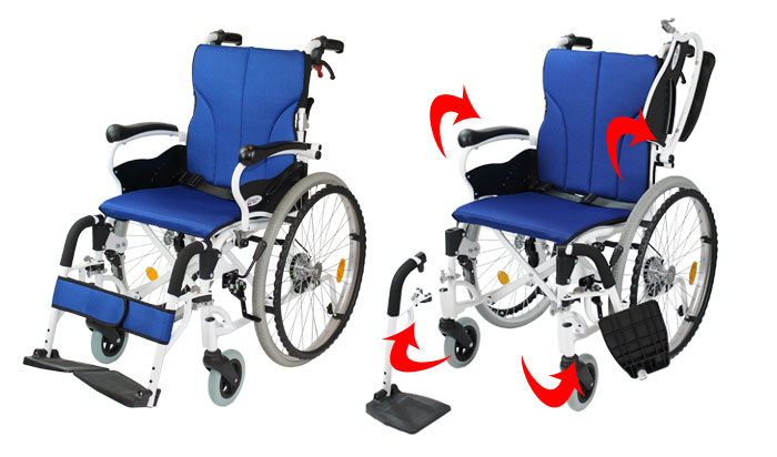 多機能自走式車椅子 コンフォート  CAH-50SUの肘跳ね上げ、脚部スイングアウト機能